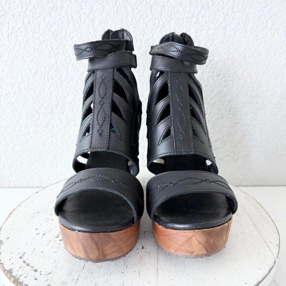 Lane Boots BECCA Womens Black Wedges 8 Western Sandals Cowgirl Wooden Heels - Picture 5 of 10